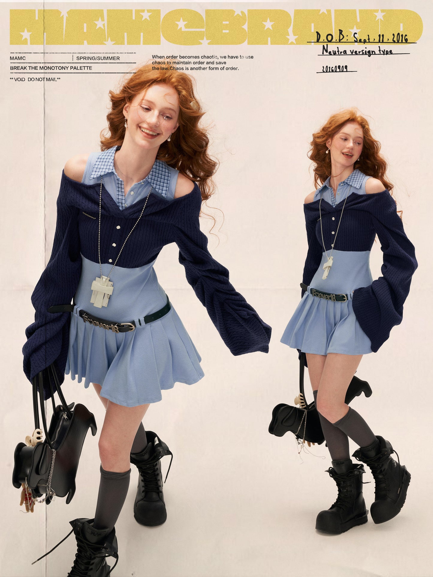 Blue Layered Collar Waist-Cinch Shirt Dress