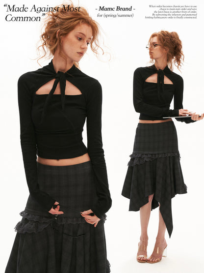 Lace-Up Cutout Waist-Sculpt Long Sleeve Top (Black/ White)