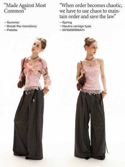 Floral Lace Trim Cami & Tie-Front Cardigan Set WE957