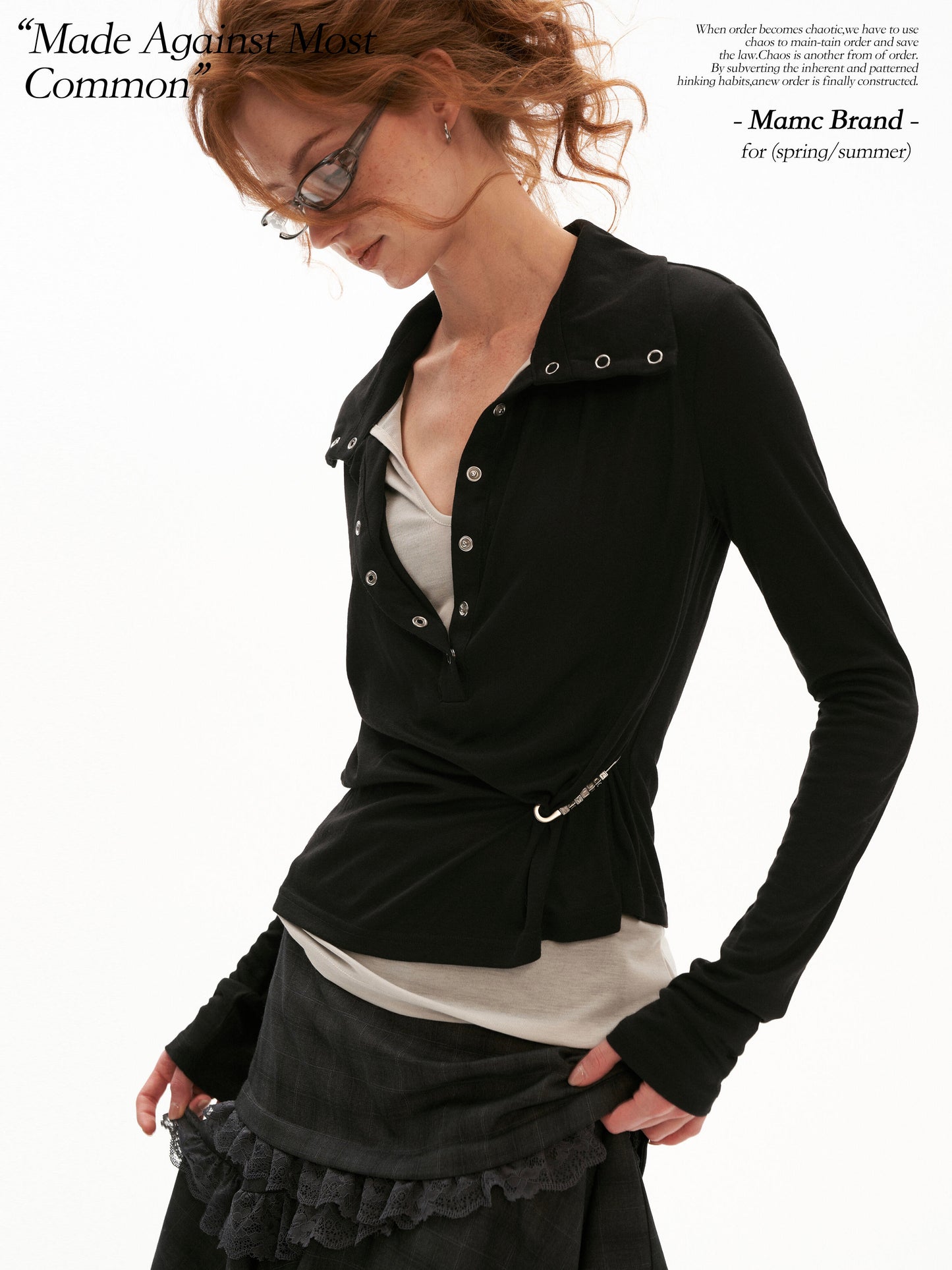 Layered Deep V Polo Long Sleeve Top (Purple/ Red/ Black)