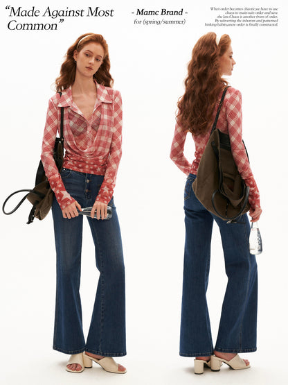 Layered Plaid Mesh Long Sleeve Shirt (Red / Blue)