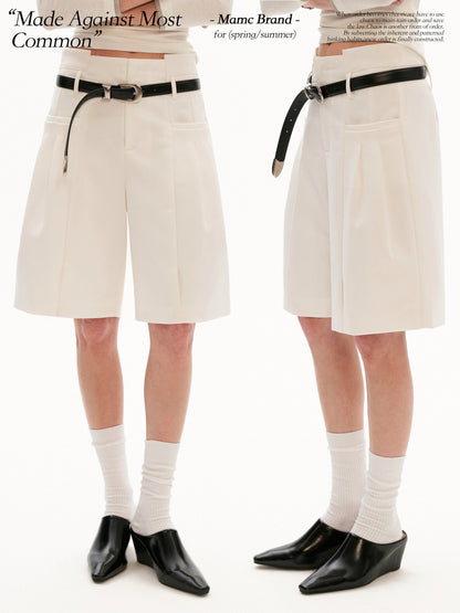 Tailored High-Waist Bermuda Suit Shorts (White / Black)