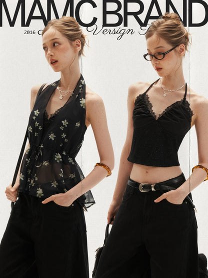 Black Vintage Floral Halter Cardigan Set
