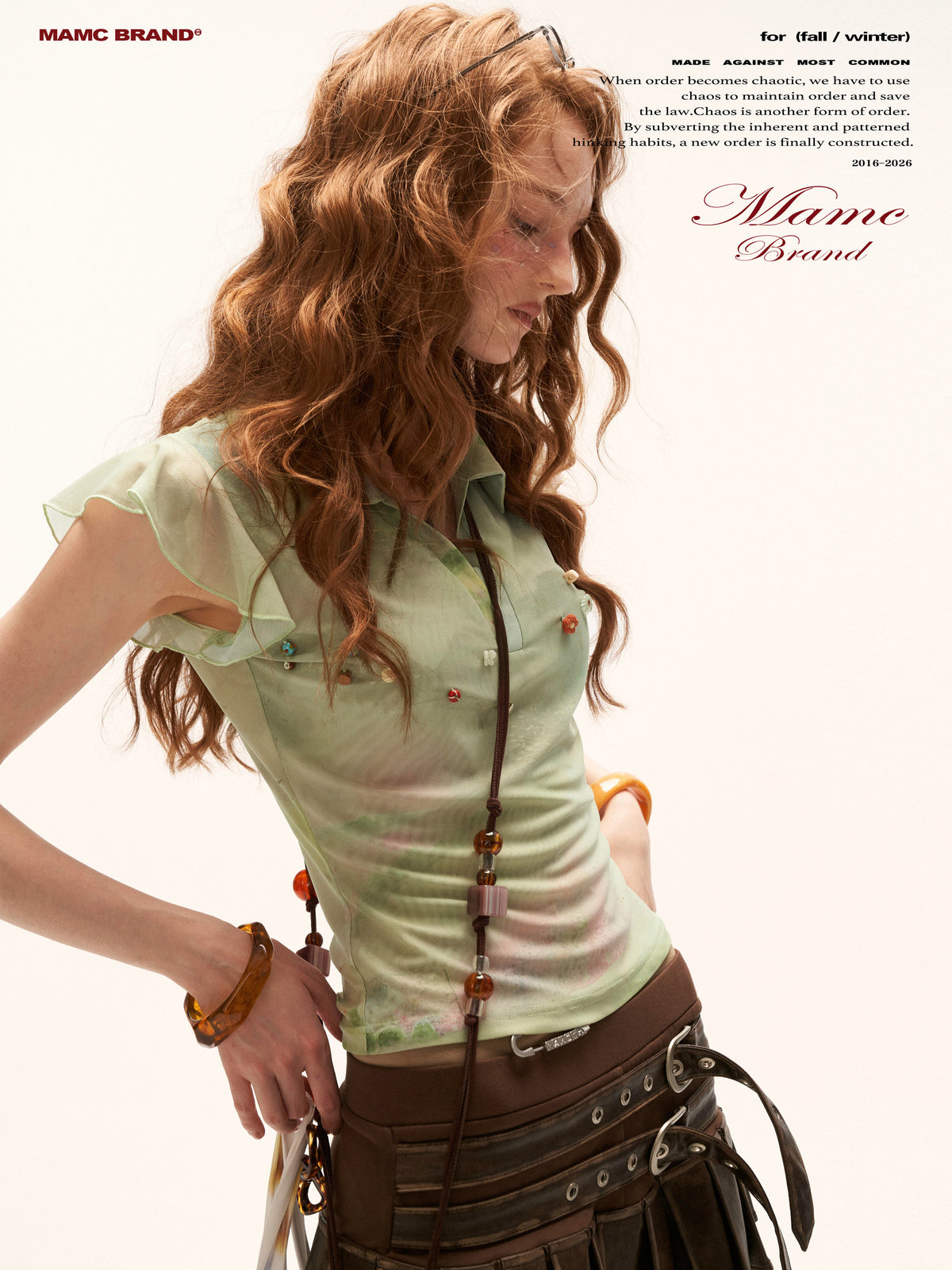MAMC - "Vintage Oil Bloom" Beaded Flutter Sleeve Polo Top