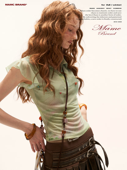 MAMC - "Vintage Oil Bloom" Beaded Flutter Sleeve Polo Top