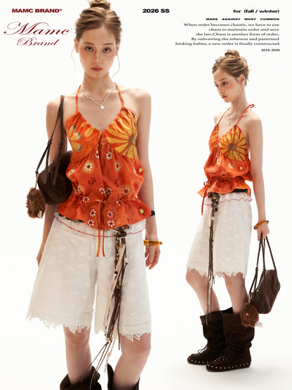 Sunset Bloom Halter Drawstring Top