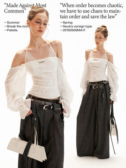White Off-Shoulder Embroidered Halter Blouse WE994