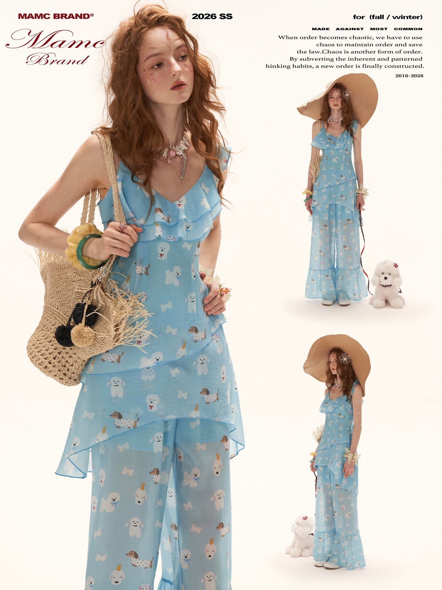 Sky Blue Puppy Print Ruffle Cami & Wide-Leg Pants Set WE969