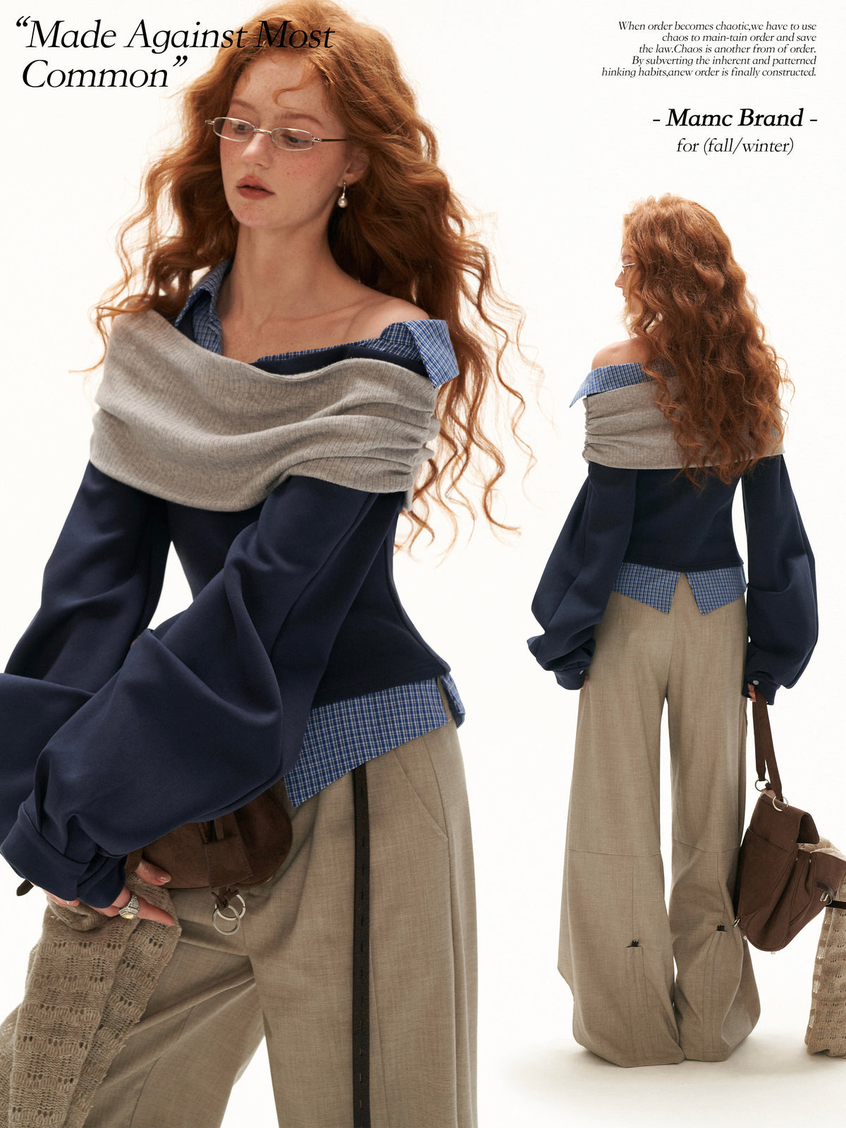 MAMC - Deconstructed Gingham Sweatshirt with Off-Shoulder Ruched Detail