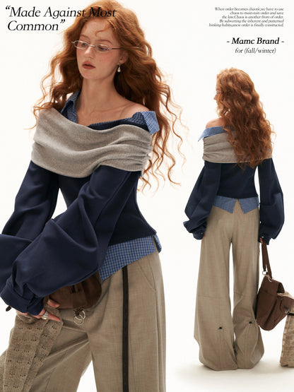 MAMC - Deconstructed Gingham Sweatshirt with Off-Shoulder Ruched Detail