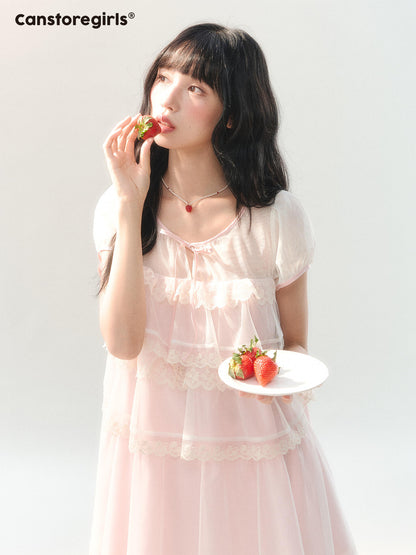 170726C "Peach Mist Sorbet" Pink Lace Chiffon Dress Set