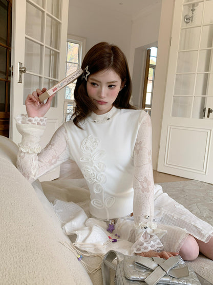 “Porcelain Bloom Reverie” White Floral Layered Top