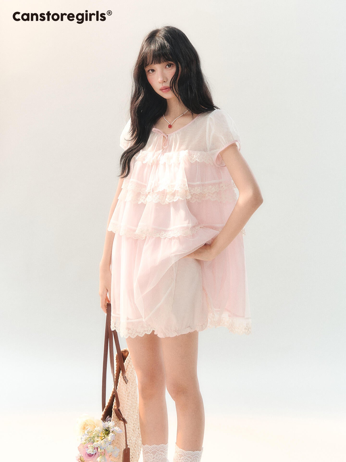 170726C "Peach Mist Sorbet" Pink Lace Chiffon Dress Set