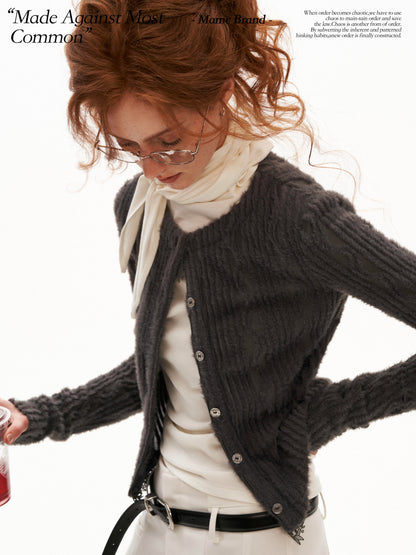MAMC - Mocha Fuzzy Diamond-Texture Lace Knit Cardigan (Brown / Gray / Beige)
