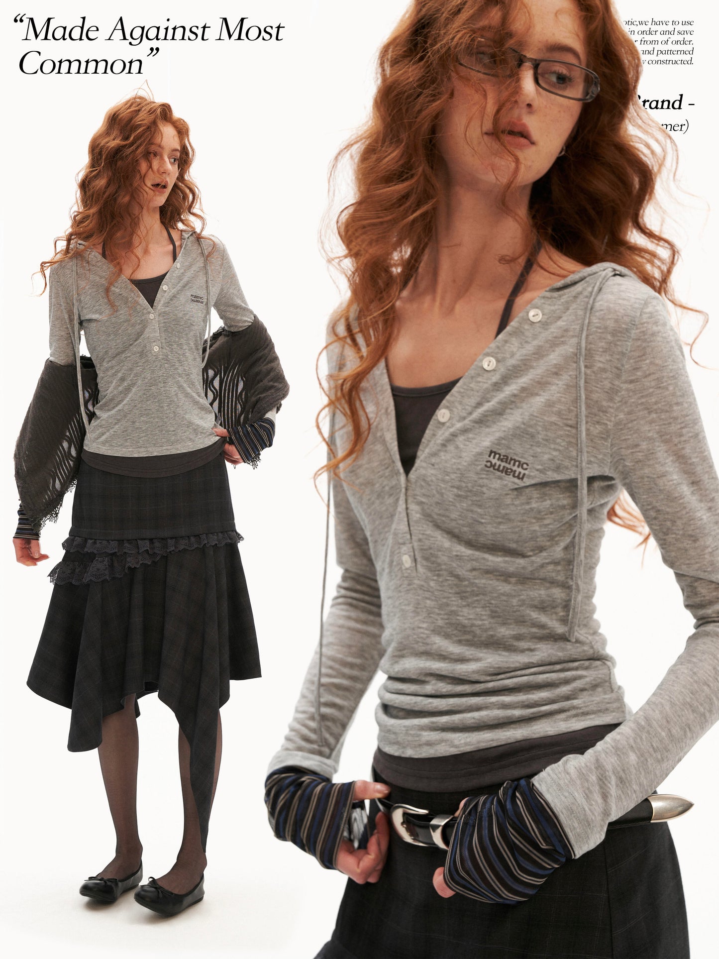 Layered Hooded Henley Long Sleeve Top (Grey/ Orange)