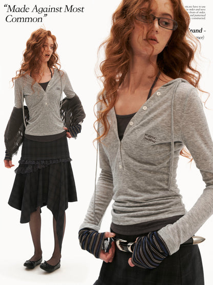 Layered Hooded Henley Long Sleeve Top (Grey/ Orange)