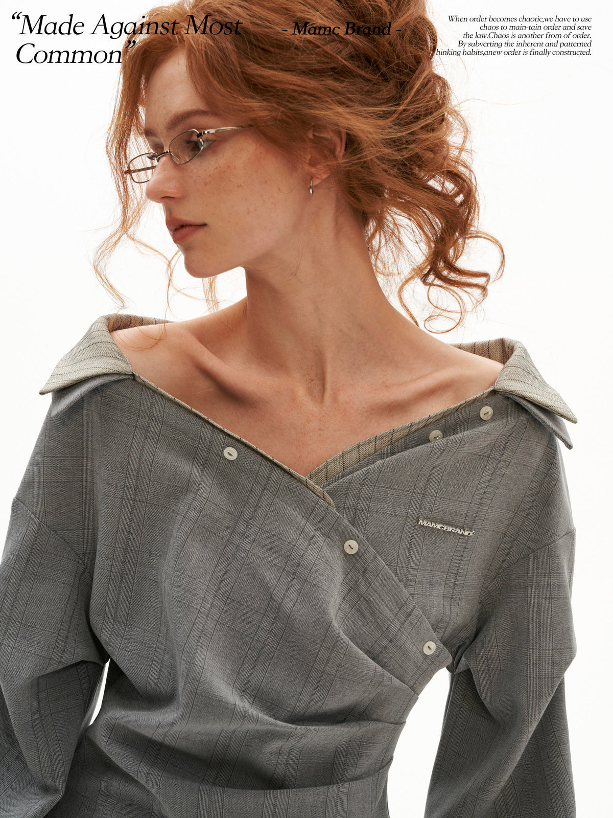 MAMC - Gray Textured Off-Shoulder Plaid Shirt