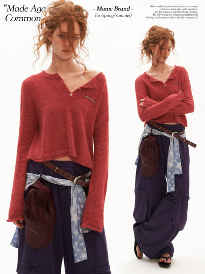 MAMC - Open-Back Mohair Blend Cropped Sweater (Red/ Black/ Blue)