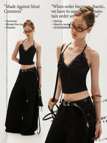 Black Stardust Lace Halter Ruched Cami Top