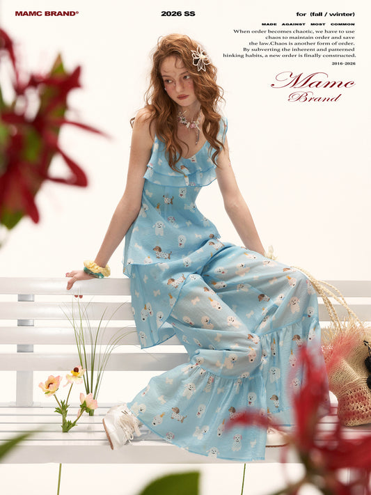 Sky Blue Puppy Print Ruffle Cami & Wide-Leg Pants Set WE969