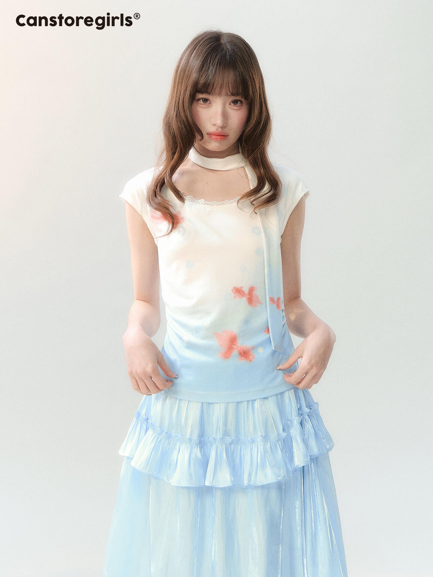 "Koi Garden Letter" White & Blue Goldfish Print Two-Piece Skirt Set LL2026220
