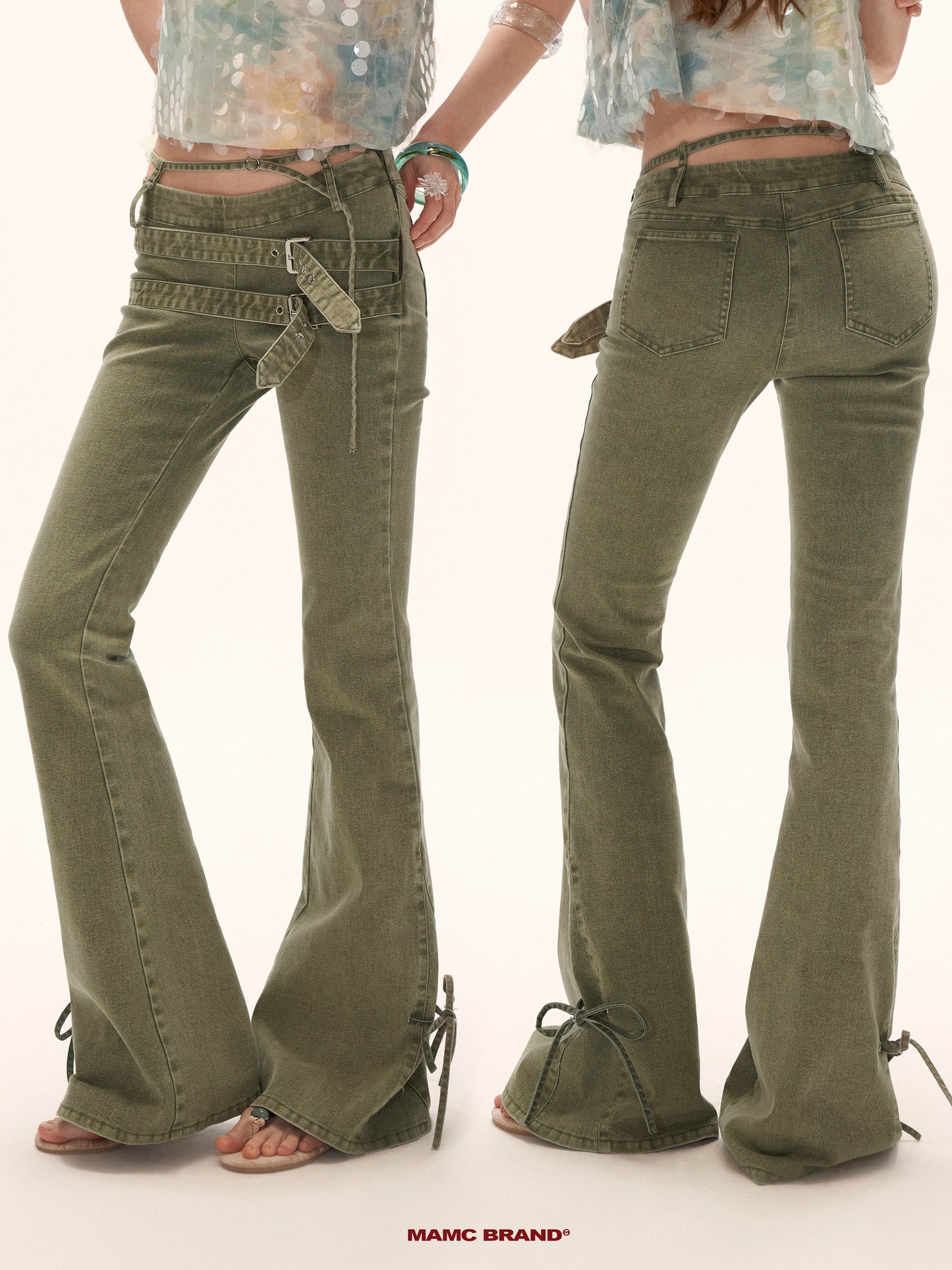 Vintage Multi-Belt Flared Jeans - Olive Green WE938