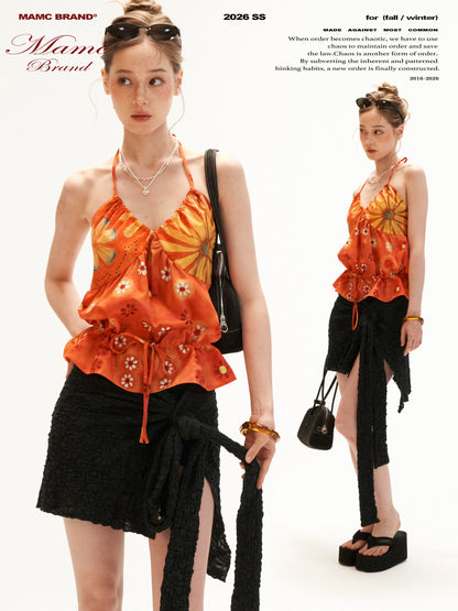 Sunset Bloom Halter Drawstring Top