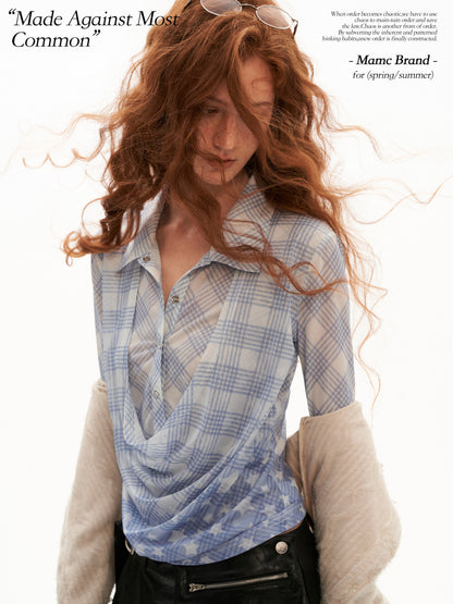 Layered Plaid Mesh Long Sleeve Shirt (Red / Blue)