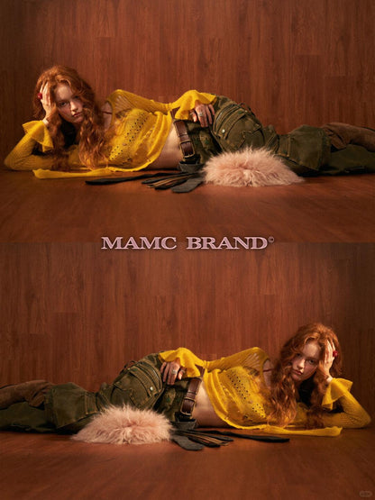 MAMC - Wide-Neck Cutout Cropped Knit Cardigan (Black / Yellow / Beige / Plaid Bra)