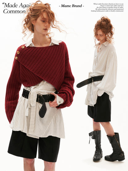 MAMC - White Striped Wrap Lantern-Sleeve Shirt