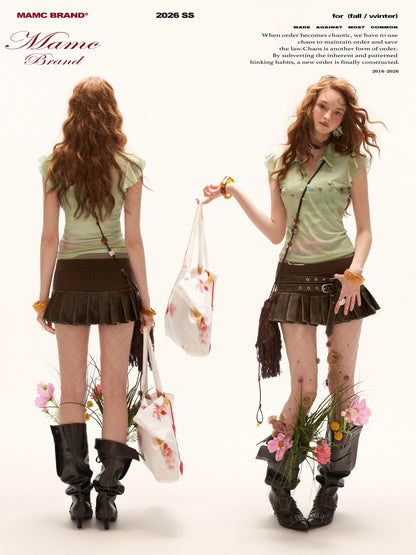MAMC - "Vintage Oil Bloom" Beaded Flutter Sleeve Polo Top