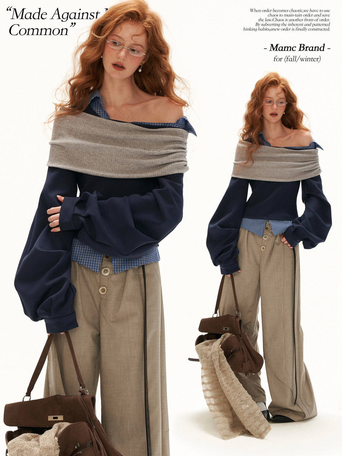 MAMC - Deconstructed Gingham Sweatshirt with Off-Shoulder Ruched Detail