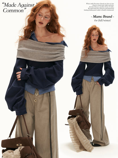 MAMC - Deconstructed Gingham Sweatshirt with Off-Shoulder Ruched Detail