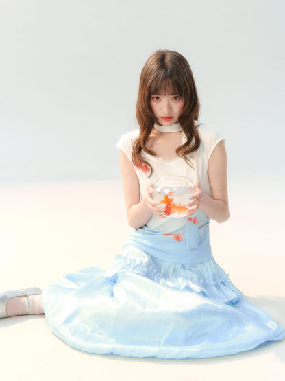 "Koi Garden Letter" White & Blue Goldfish Print Two-Piece Skirt Set LL2026220