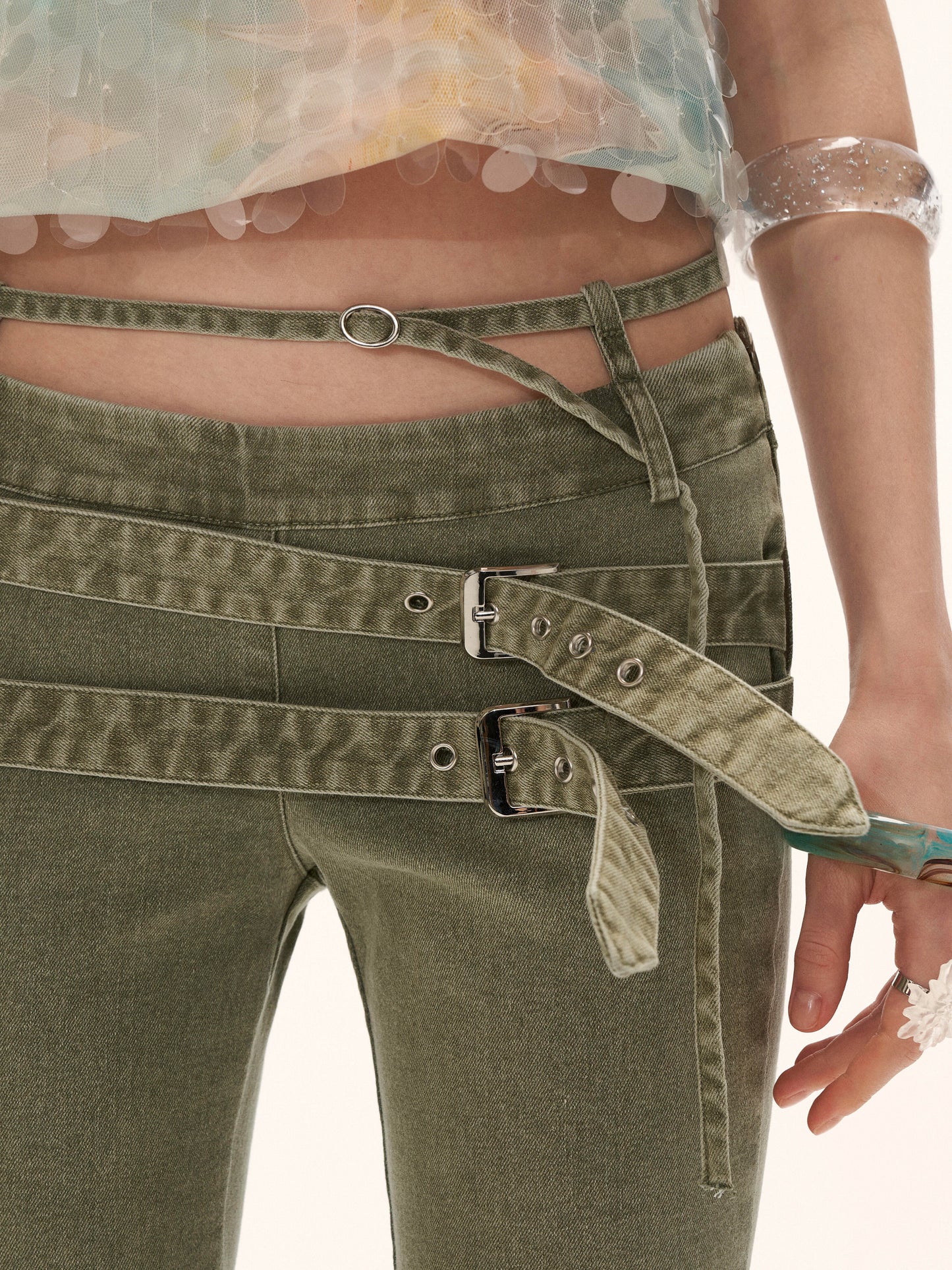 Vintage Multi-Belt Flared Jeans - Olive Green WE938
