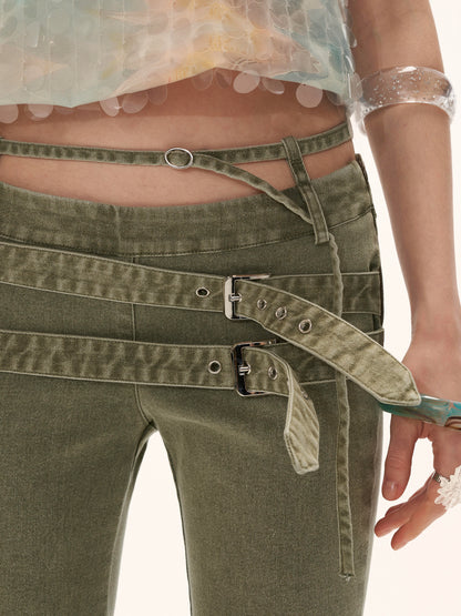 Vintage Multi-Belt Flared Jeans - Olive Green WE938