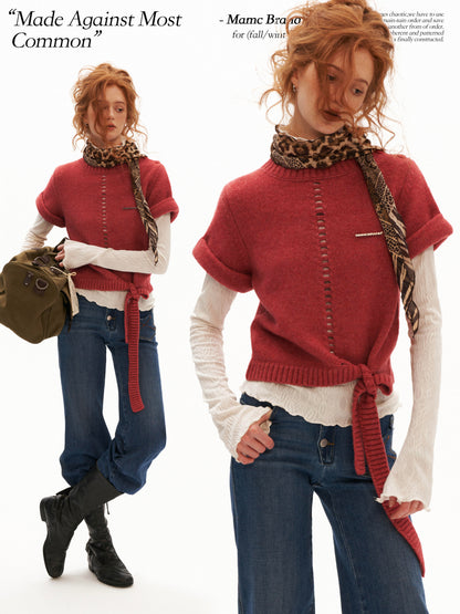 MAMC - Soft Wool-Blend Tie-Waist Cutout Knit Sweater (Red / Black)