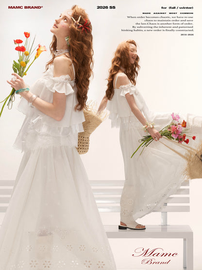White Lace Ruffle Cami & Eyelet Maxi Skirt Set  WE991