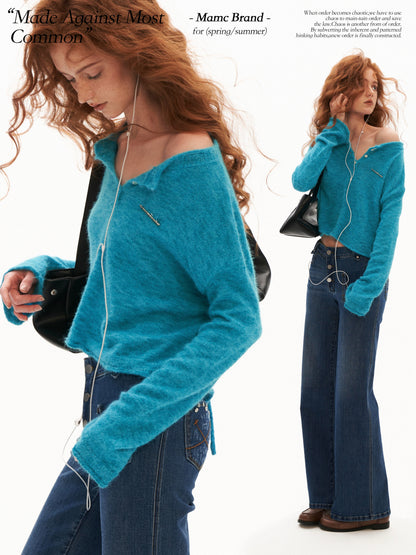 MAMC - Open-Back Mohair Blend Cropped Sweater (Red/ Black/ Blue)