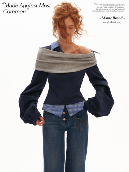 MAMC - Deconstructed Gingham Sweatshirt with Off-Shoulder Ruched Detail