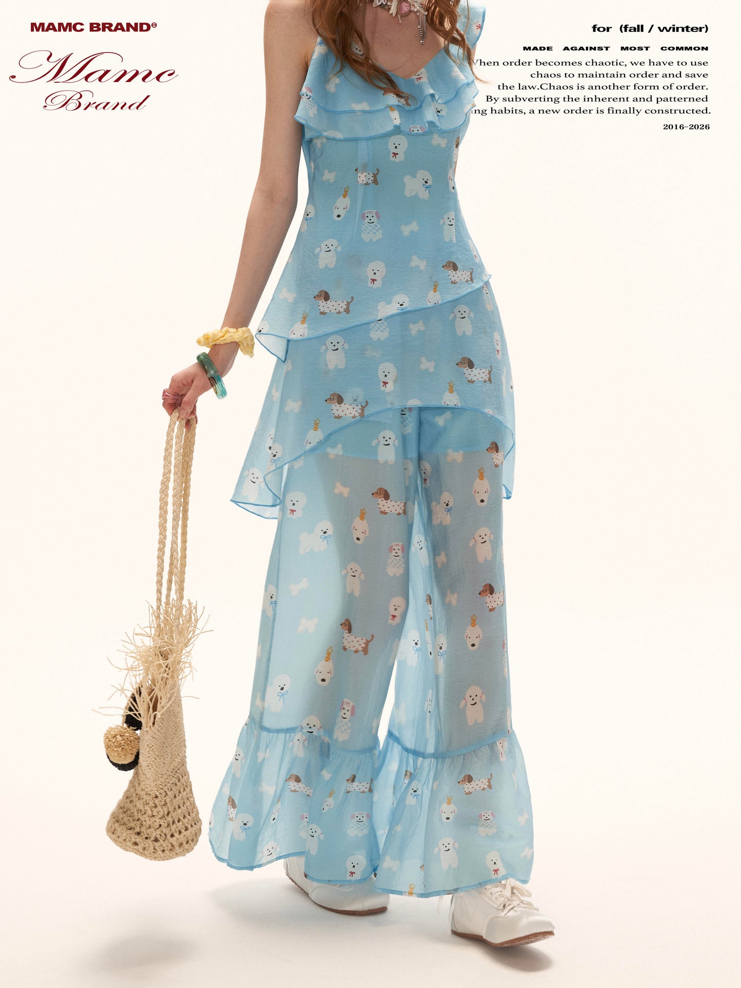 Sky Blue Puppy Print Ruffle Cami & Wide-Leg Pants Set WE969
