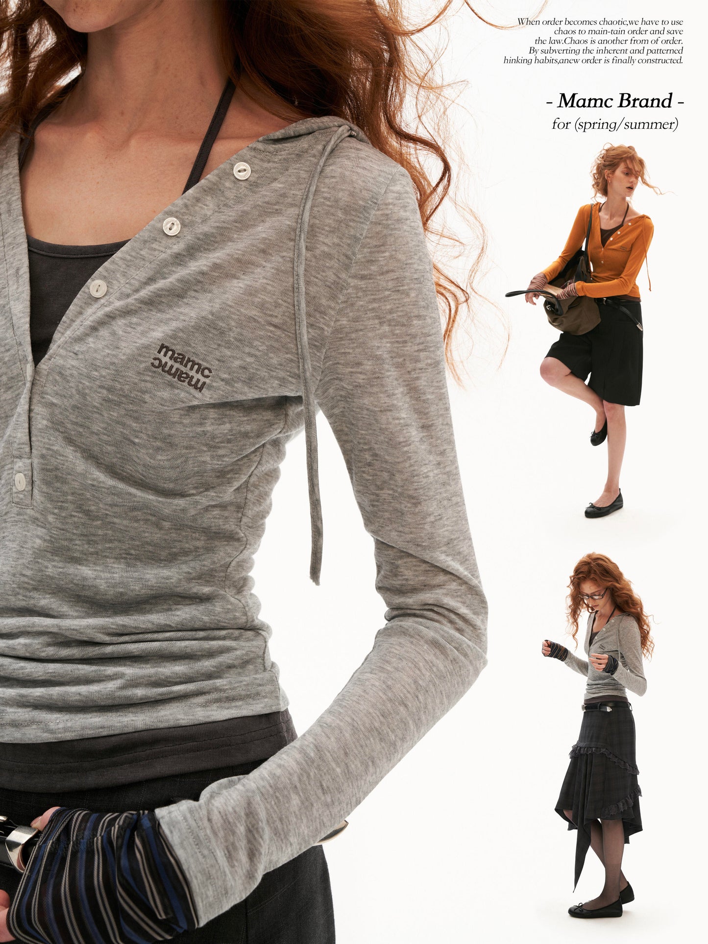 Layered Hooded Henley Long Sleeve Top (Grey/ Orange)