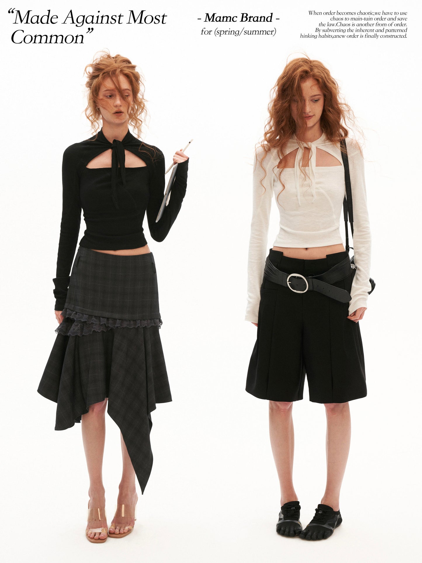 Lace-Up Cutout Waist-Sculpt Long Sleeve Top (Black/ White)