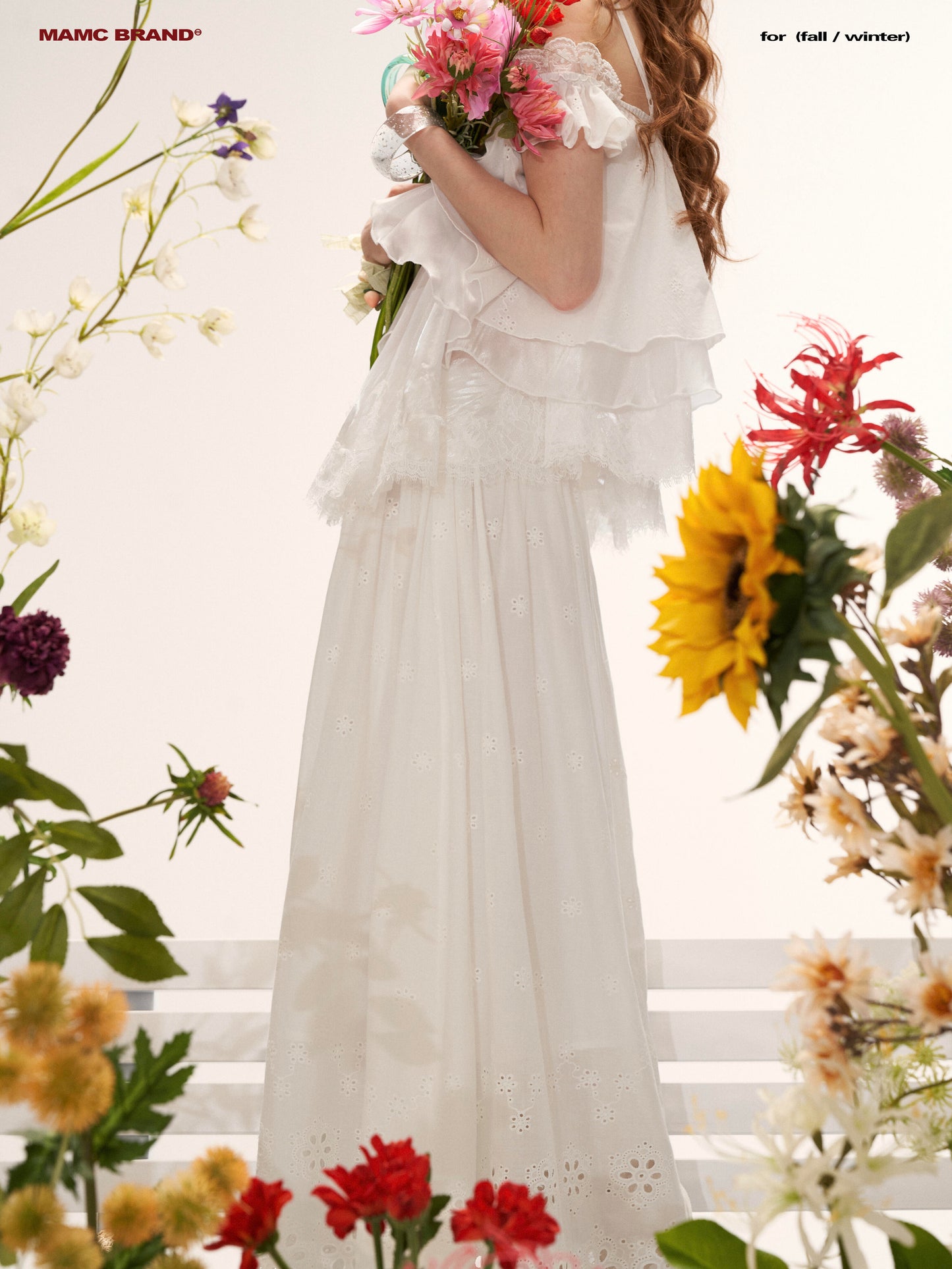 White Lace Ruffle Cami & Eyelet Maxi Skirt Set  WE991
