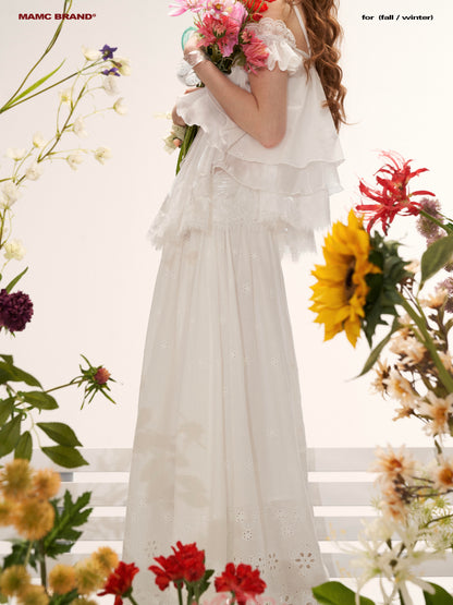 White Lace Ruffle Cami & Eyelet Maxi Skirt Set  WE991