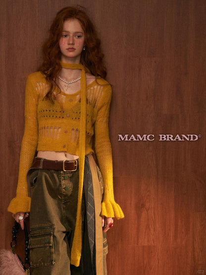 MAMC - Wide-Neck Cutout Cropped Knit Cardigan (Black / Yellow / Beige / Plaid Bra)