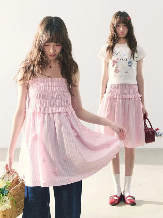 罐头粪便 - Two-Way Striped Ruched Cami Dress – 3D Floral Sweetheart Look