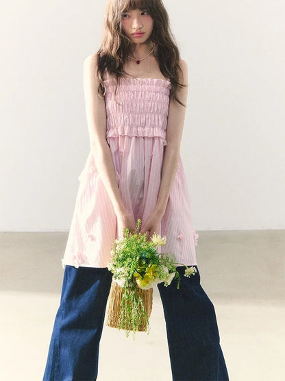 罐头粪便 - Two-Way Striped Ruched Cami Dress – 3D Floral Sweetheart Look