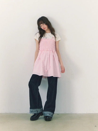罐头粪便 - Two-Way Striped Ruched Cami Dress – 3D Floral Sweetheart Look
