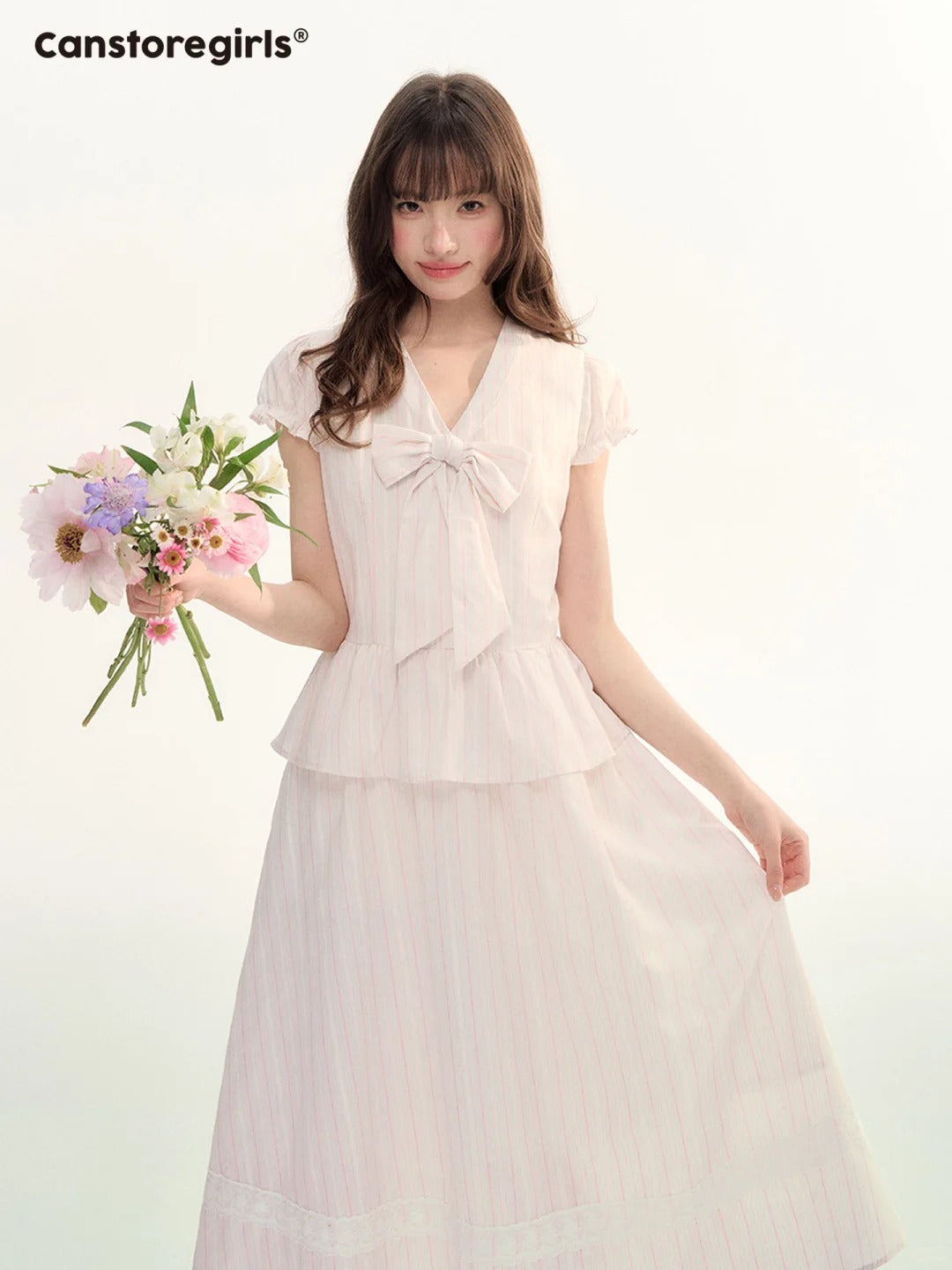 Pink Stripe Bow Detail Midi Dress LL2026080